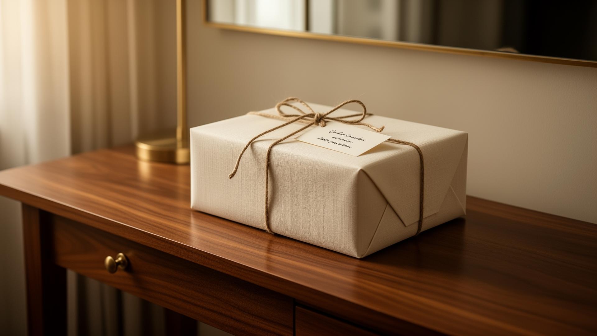 A single linen-wrapped gift with a hand-tied twine bow and handwritten card on a walnut entryway table