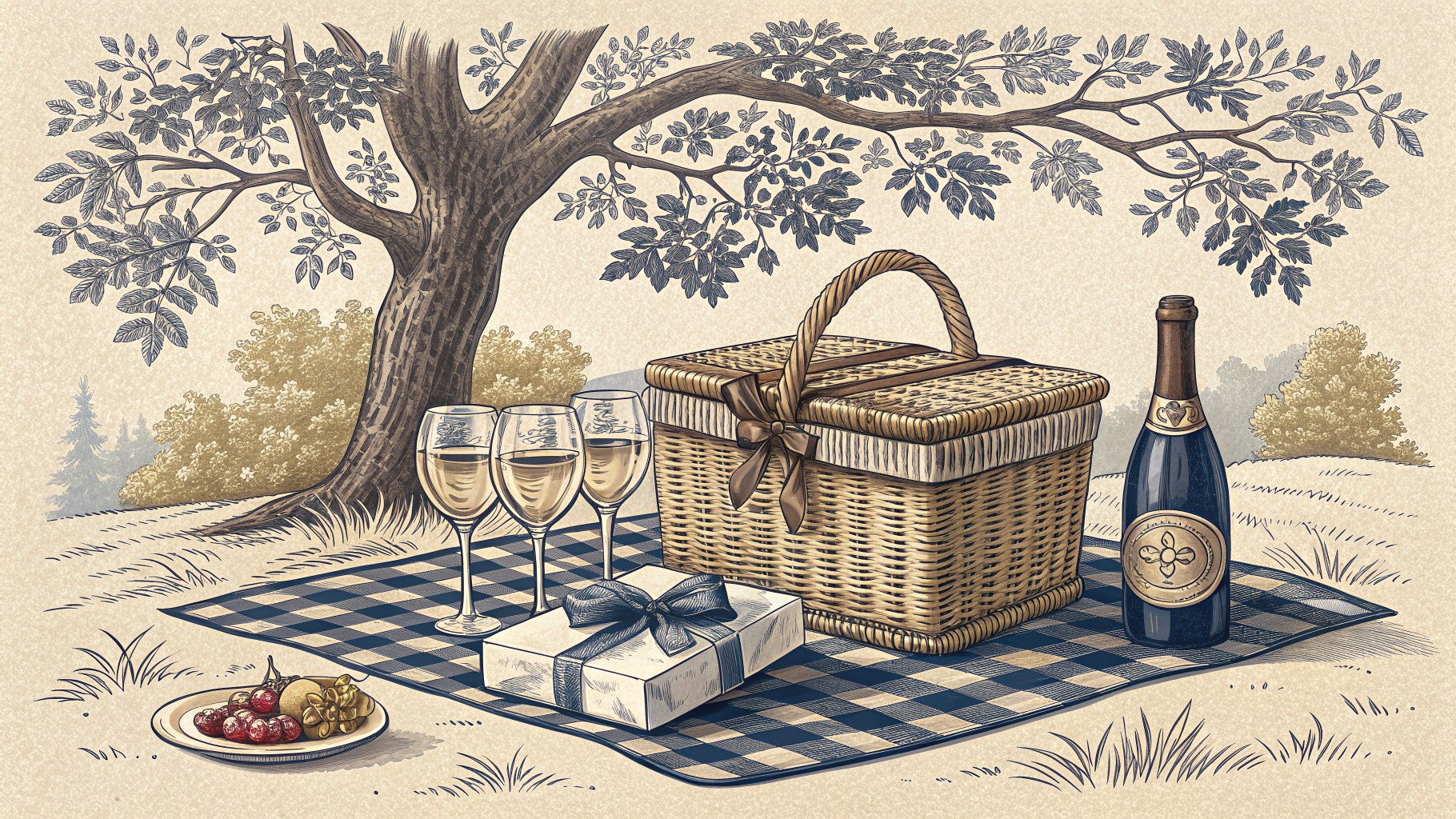 Illustration of a picnic with a wicker basket, wine, and a small wrapped gift