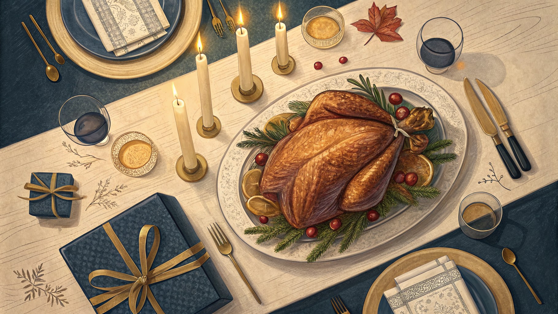 Illustration of a family dinner table with candles, wine, and a wrapped gift at one place