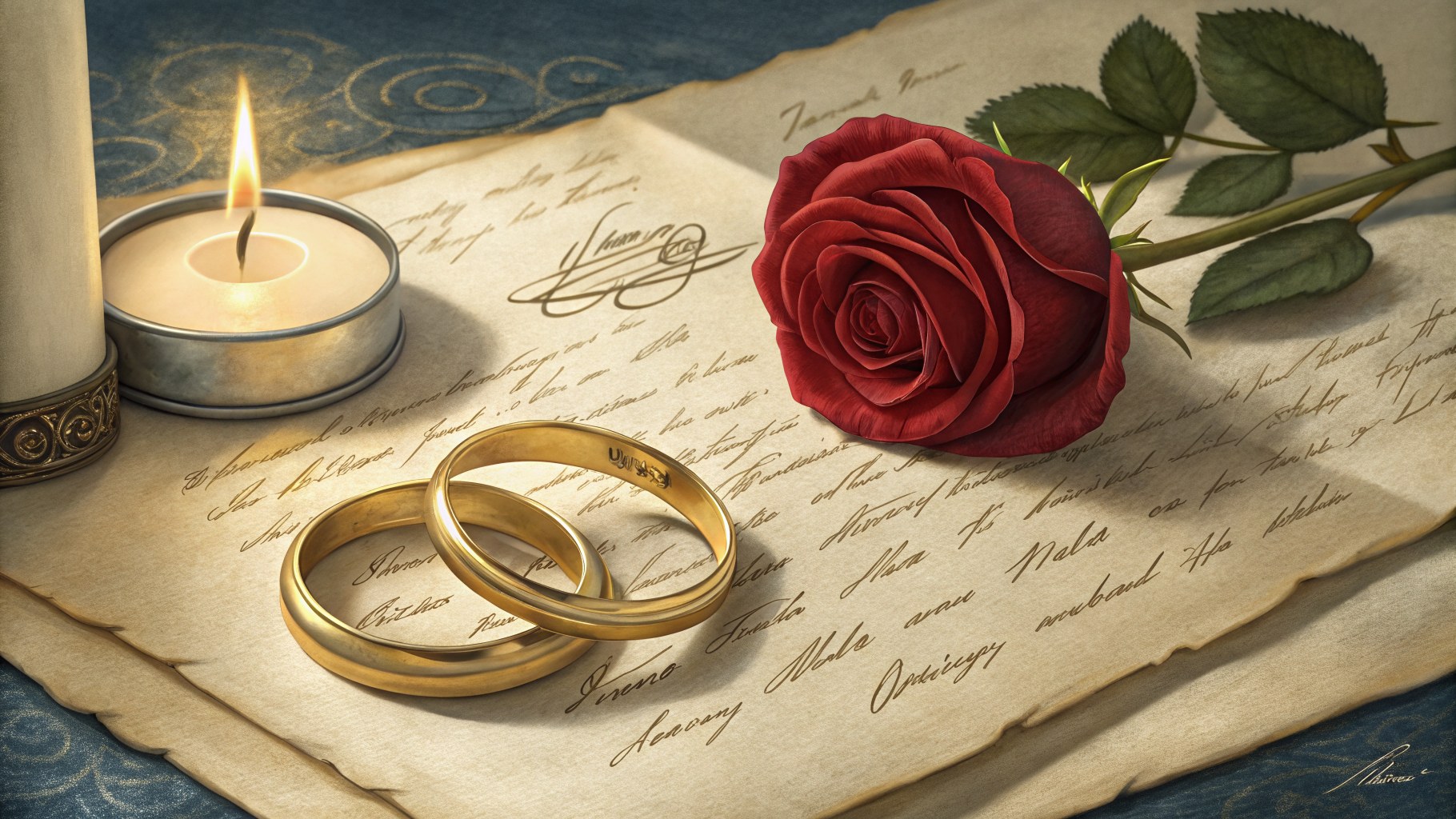 Illustration of two intertwined rings on a love letter beside a rose and candle