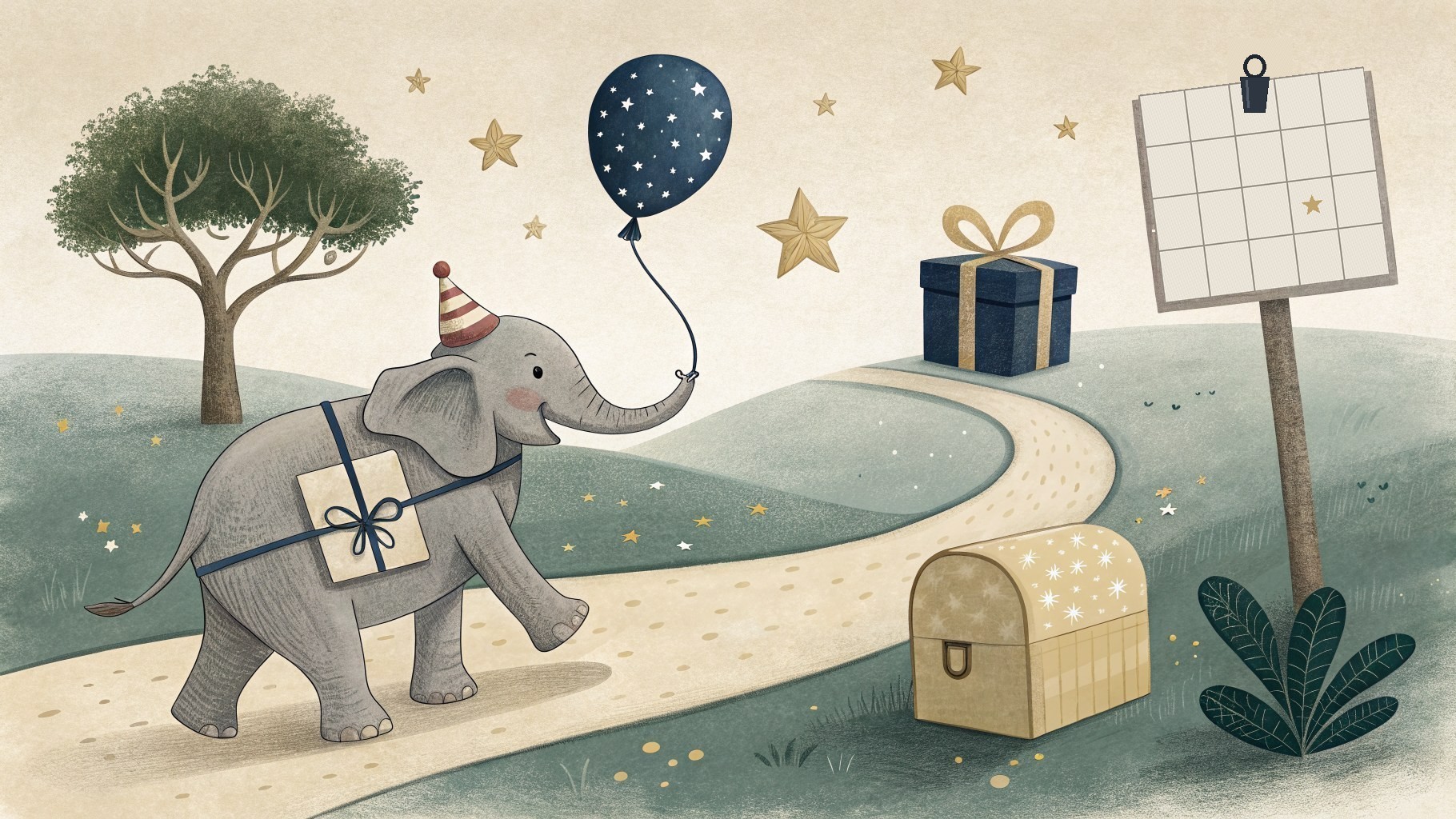 Storybook illustration of an elephant carrying a balloon past a wrapped gift, a mailbox, and a calendar