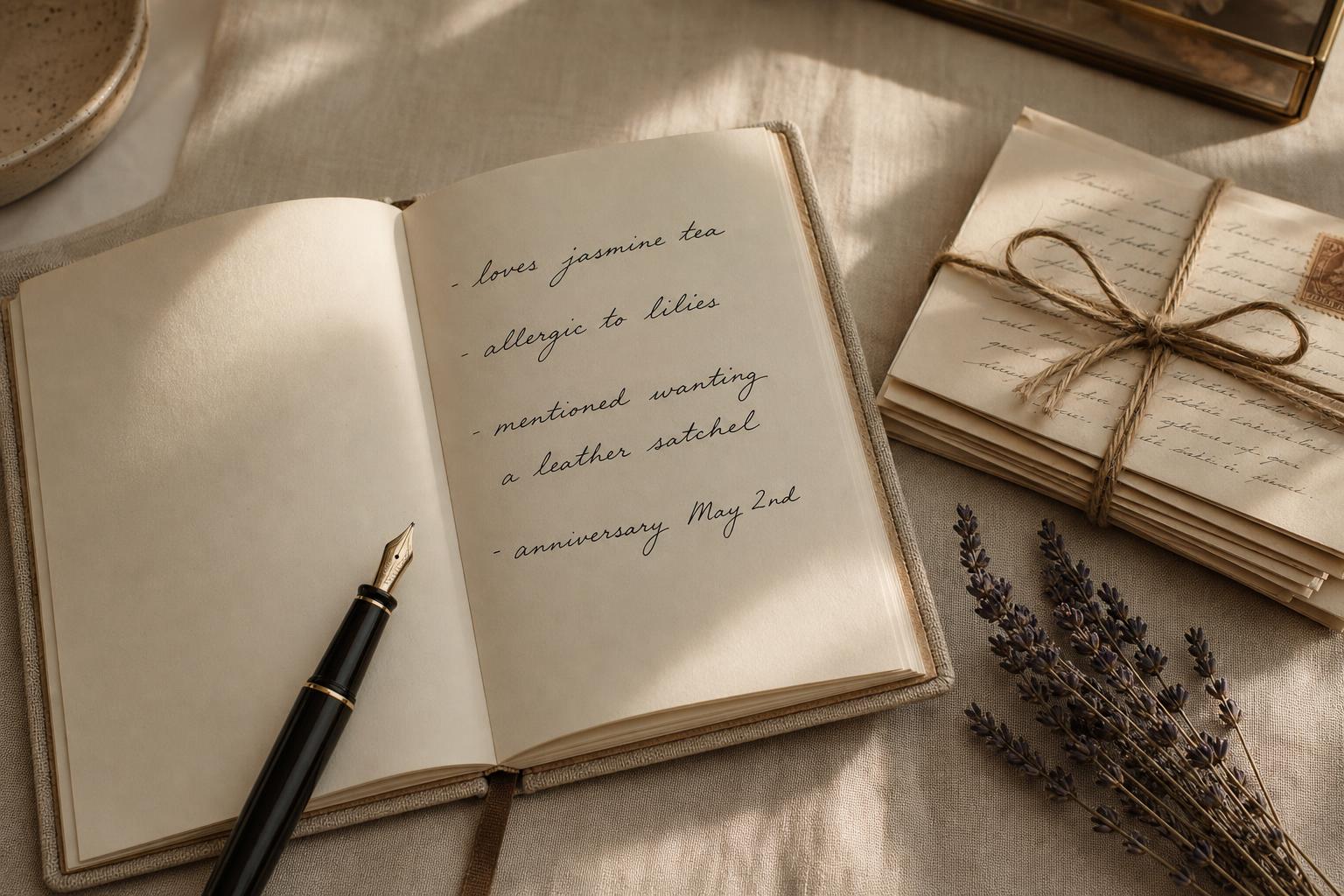 An open linen-bound journal with handwritten notes beside a stack of letters tied with twine