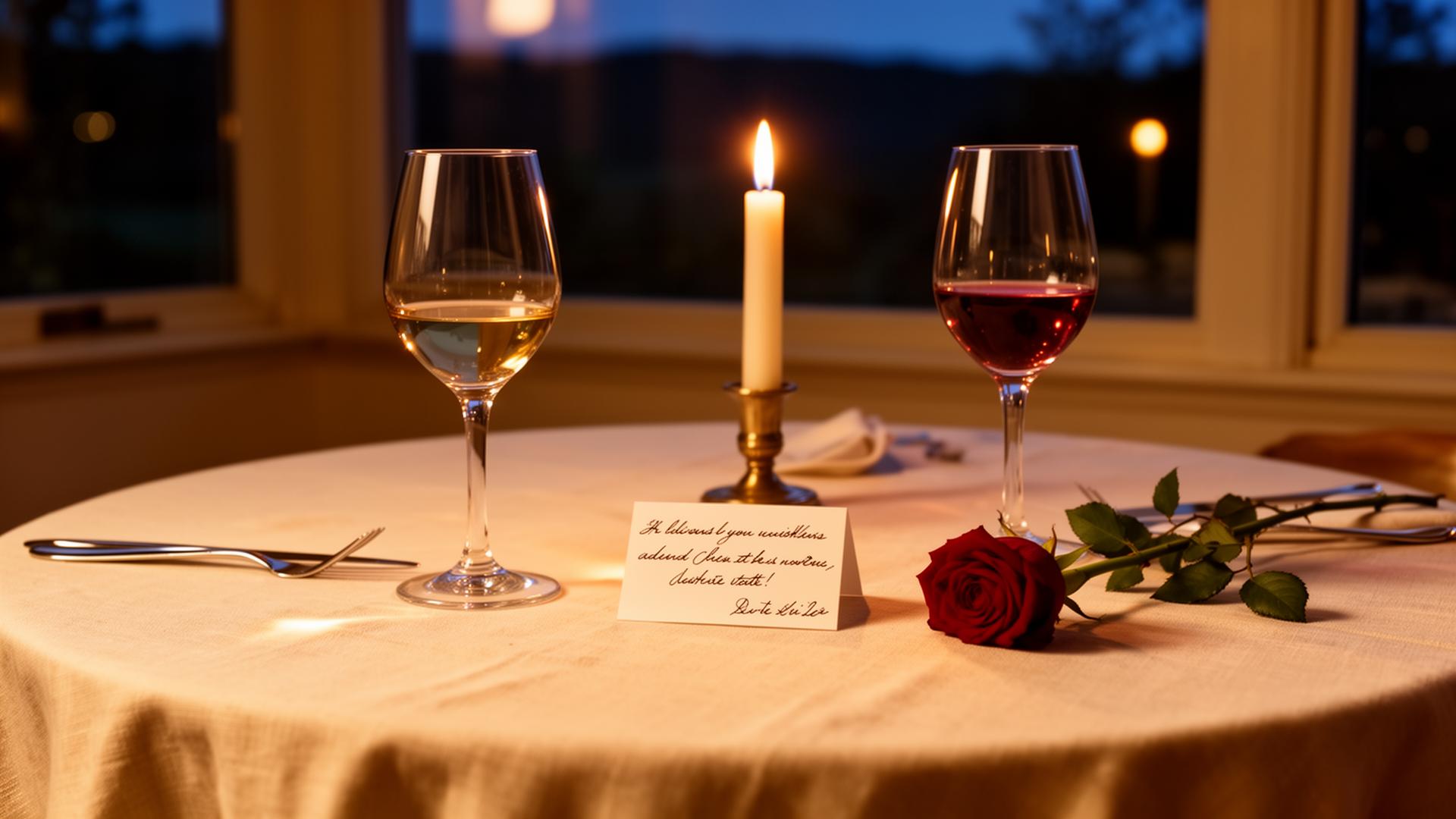 An anniversary dinner for two at dusk with candles and a handwritten card