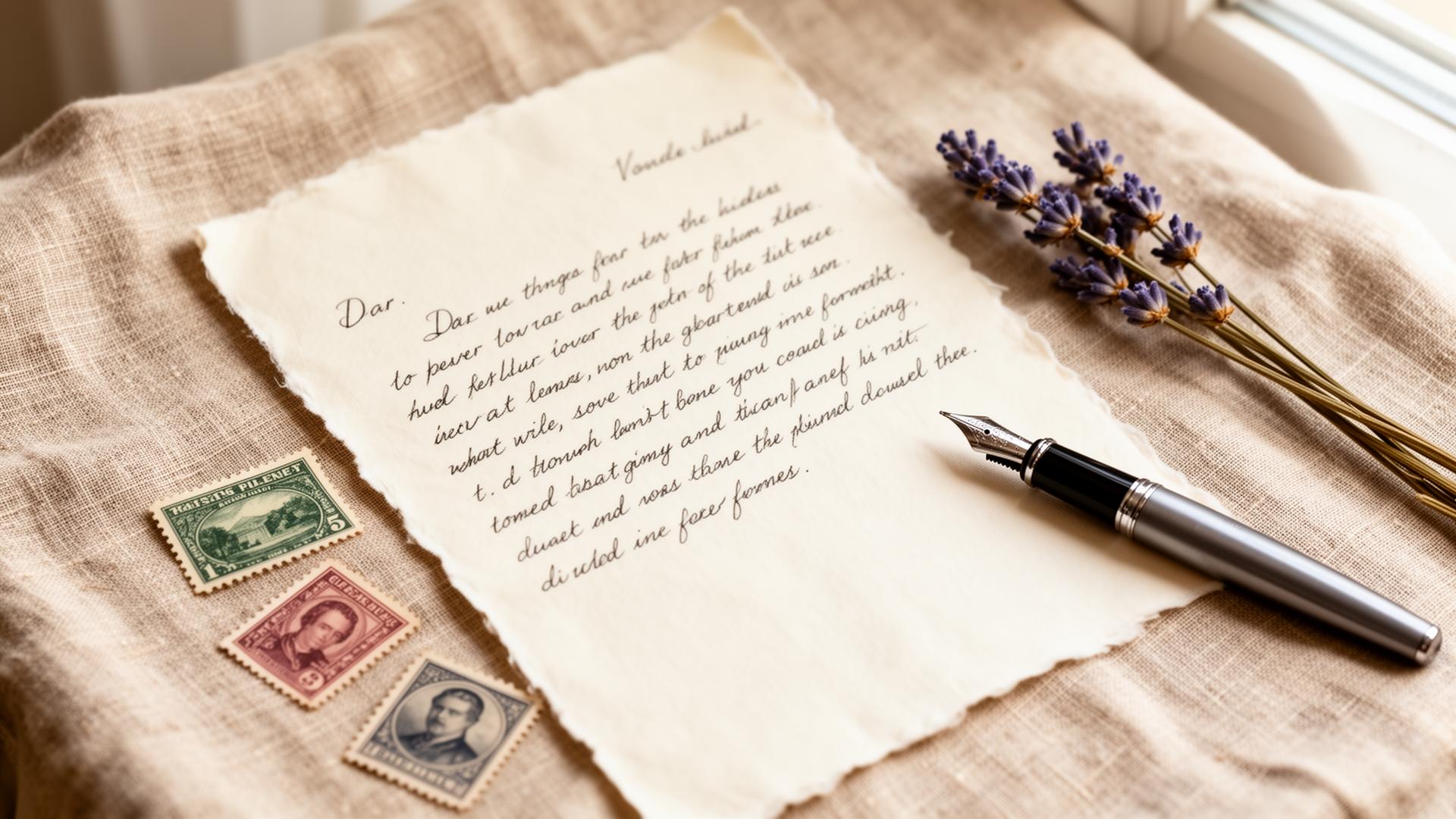 A handwritten letter on linen with a fountain pen and vintage stamps