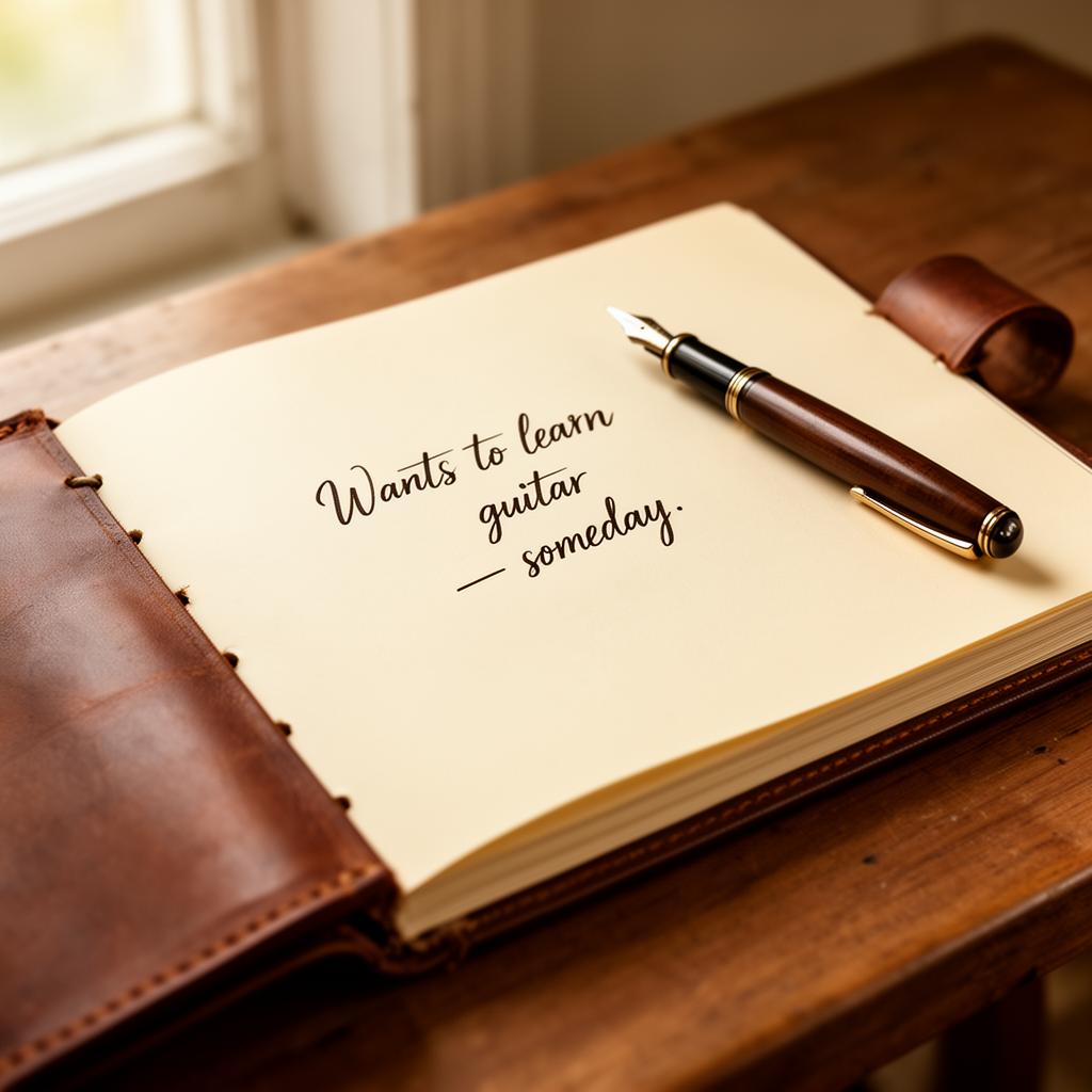 An open leather journal with a fountain pen and a handwritten note about learning guitar