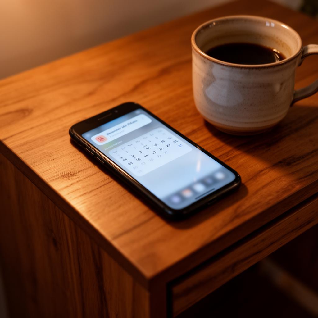 A phone resting on a warm wooden table glowing with a gentle reminder notification