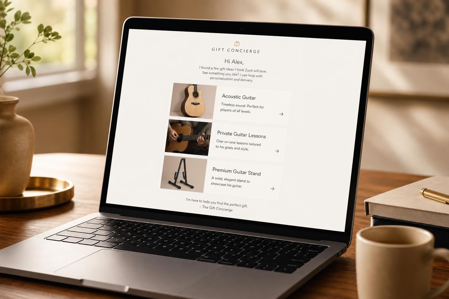 A laptop showing a concierge email with three curated gift ideas — a guitar, lessons, and a stand