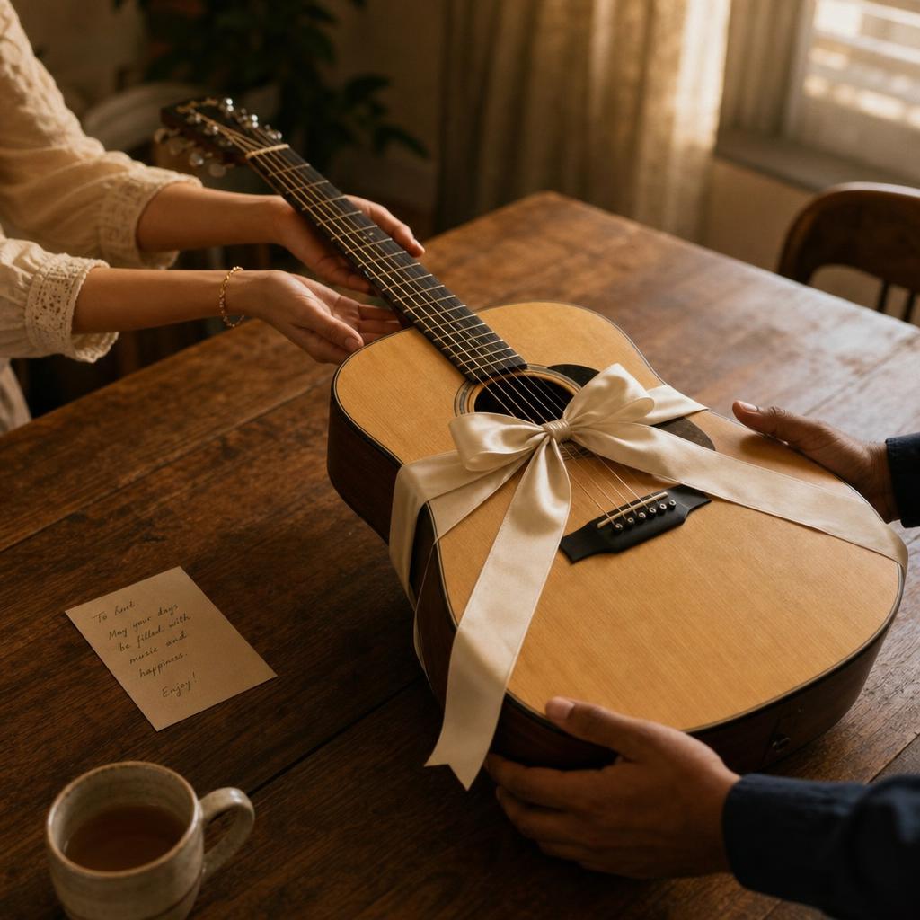 A man at a softly lit table receiving a thoughtfully wrapped guitar-themed gift, his expression quietly moved